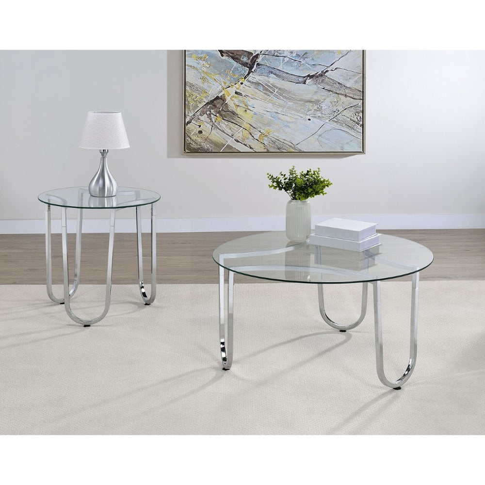 English Elm Dutton Round Tempered Glass Living Room Table Set with Polished Chrome Bases B062S01926