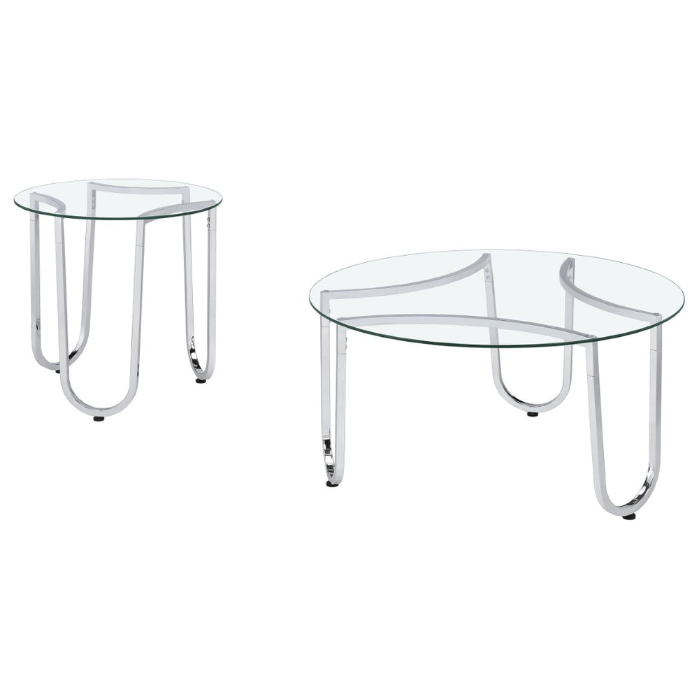 English Elm Dutton Round Tempered Glass Living Room Table Set with Polished Chrome Bases B062S01926