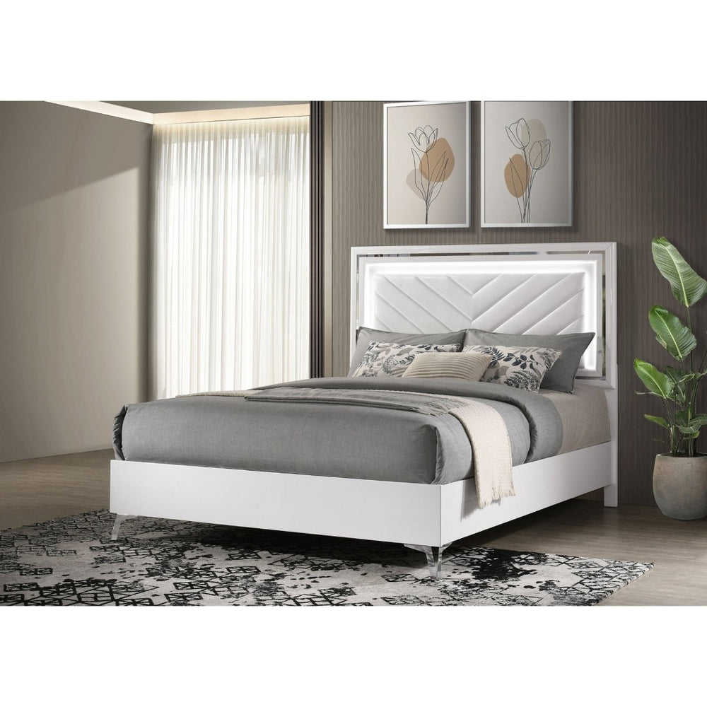 English Elm Buckley Queen Bed Gloss White Faux Leather Tufted Headboard with LED Ambient Frame B062S01943