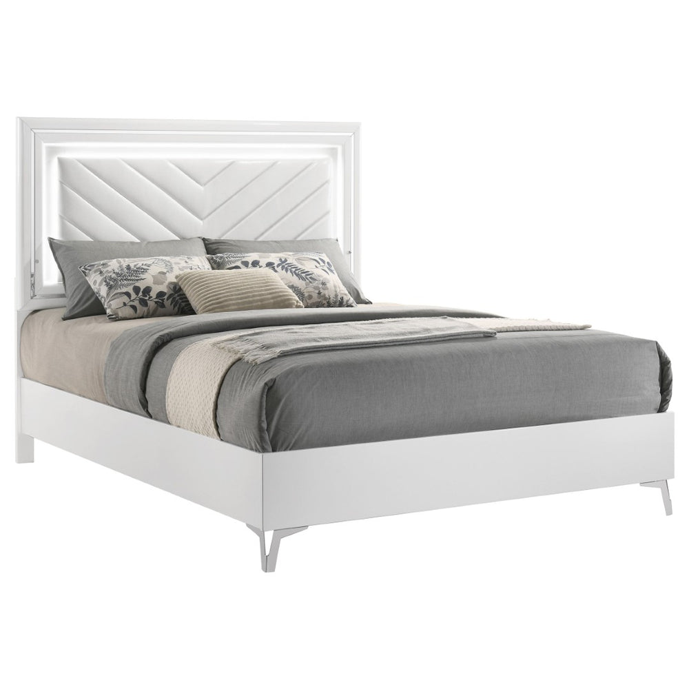 English Elm Buckley Queen Bed Gloss White Faux Leather Tufted Headboard with LED Ambient Frame B062S01943