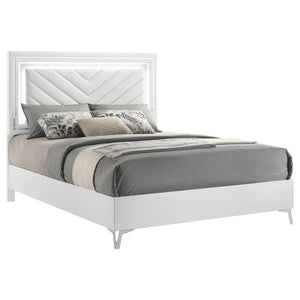 English Elm Buckley Queen Bed Gloss White Faux Leather Tufted Headboard with LED Ambient Frame B062S01943