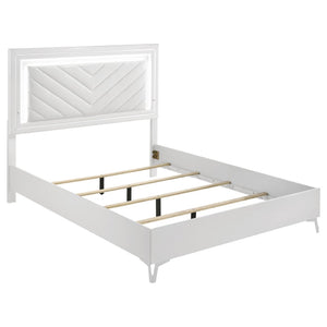 English Elm Buckley Queen Bed Gloss White Faux Leather Tufted Headboard with LED Ambient Frame B062S01943