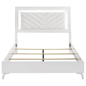 English Elm Buckley Queen Bed Gloss White Faux Leather Tufted Headboard with LED Ambient Frame B062S01943
