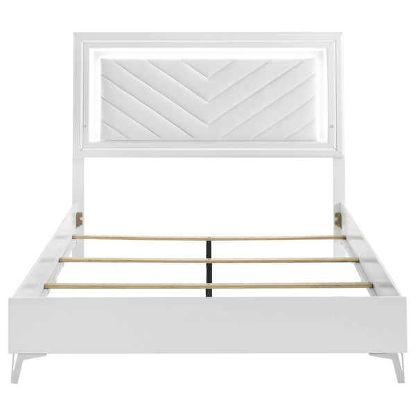 English Elm Buckley Queen Bed Gloss White Faux Leather Tufted Headboard with LED Ambient Frame B062S01943