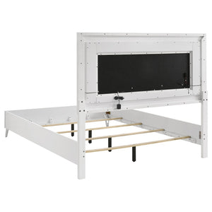English Elm Buckley Queen Bed Gloss White Faux Leather Tufted Headboard with LED Ambient Frame B062S01943