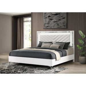 English Elm Buckley Faux Leather Tufted Panel Bed with LED Lighting and Gloss White Frame B062S01944
