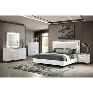 English Elm Buckley Faux Leather Tufted Panel Bed with LED Lighting and Gloss White Frame B062S01944