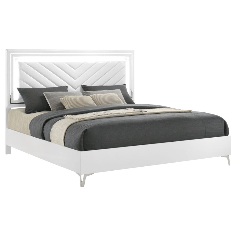 English Elm Buckley Faux Leather Tufted Panel Bed with LED Lighting and Gloss White Frame B062S01944