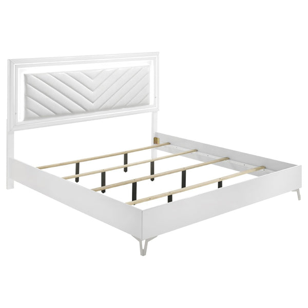 English Elm Buckley Faux Leather Tufted Panel Bed with LED Lighting and Gloss White Frame B062S01944
