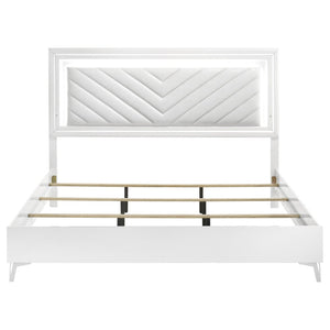 English Elm Buckley Faux Leather Tufted Panel Bed with LED Lighting and Gloss White Frame B062S01944
