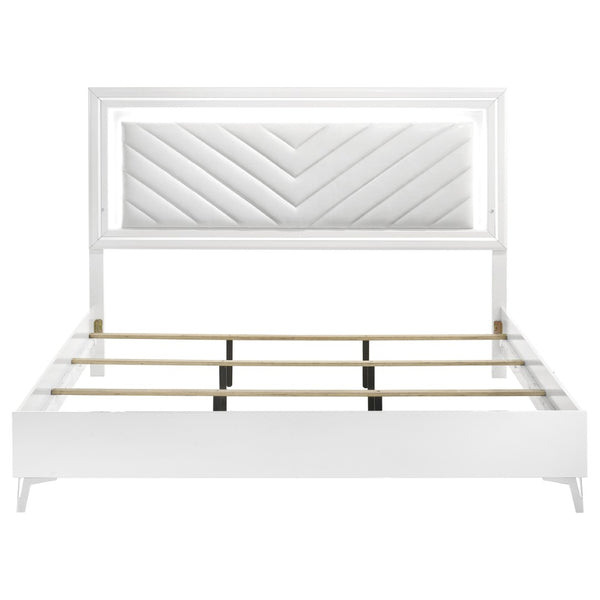 English Elm Buckley Faux Leather Tufted Panel Bed with LED Lighting and Gloss White Frame B062S01944
