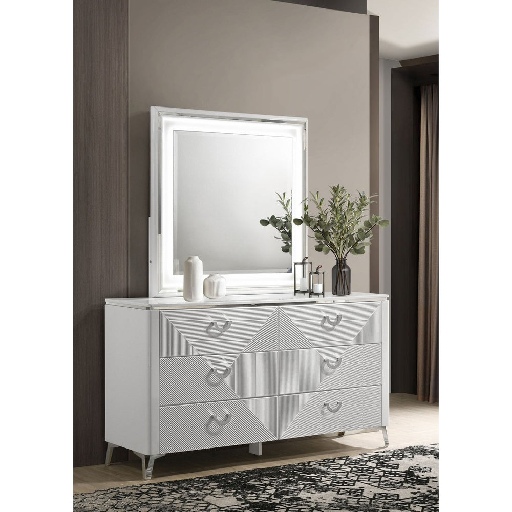 English Elm Buckley Six Drawer Gloss White Dresser with LED Mirror Geometric Sculpted Bedroom Set B062S01945