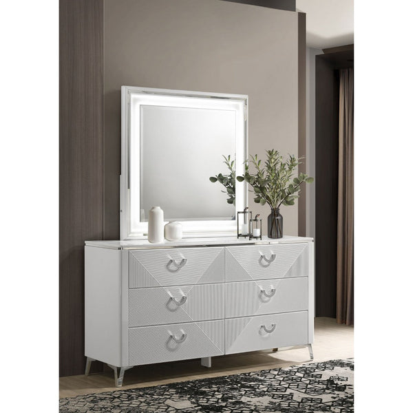 English Elm Buckley Six Drawer Gloss White Dresser with LED Mirror Geometric Sculpted Bedroom Set B062S01945
