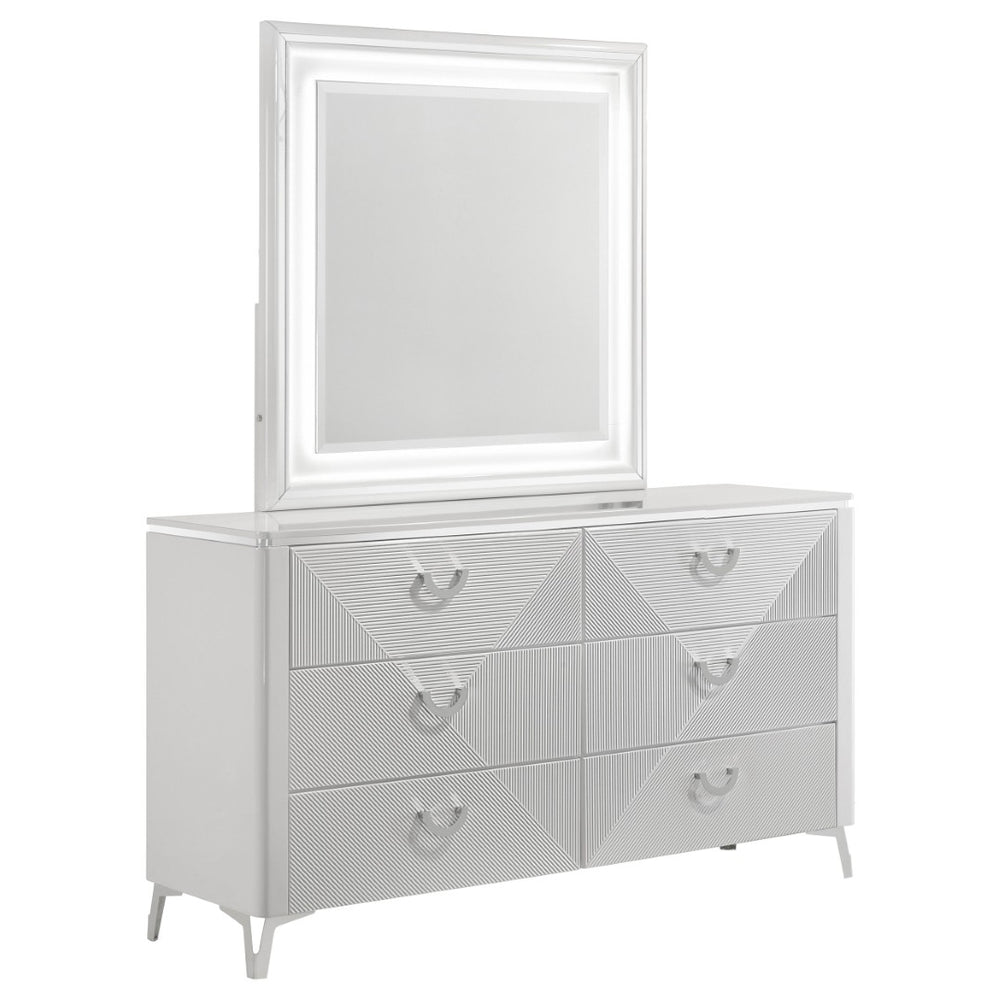 English Elm Buckley Six Drawer Gloss White Dresser with LED Mirror Geometric Sculpted Bedroom Set B062S01945