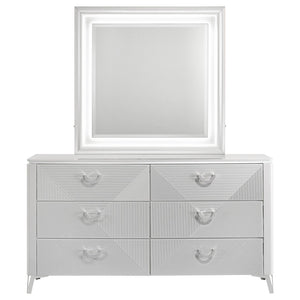 English Elm Buckley Six Drawer Gloss White Dresser with LED Mirror Geometric Sculpted Bedroom Set B062S01945