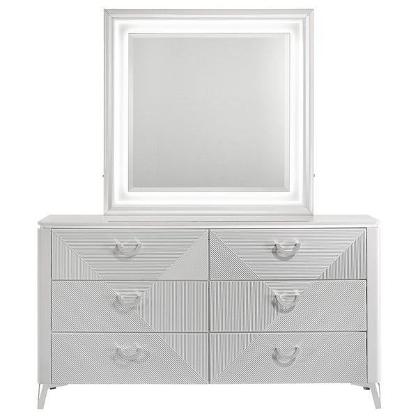 English Elm Buckley Six Drawer Gloss White Dresser with LED Mirror Geometric Sculpted Bedroom Set B062S01945