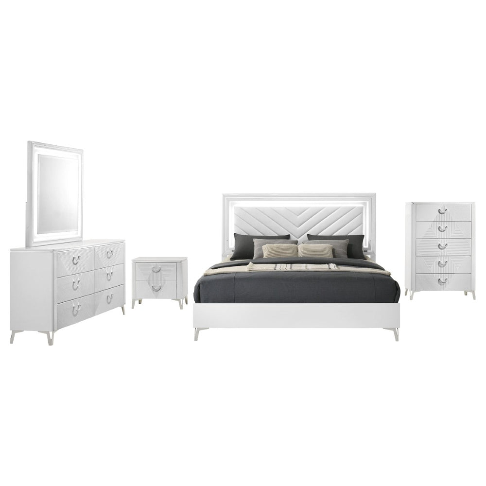 English Elm Buckley Queen Bedroom Set with LED Headboard Gloss White Faux Leather Tufted Style B062S01947