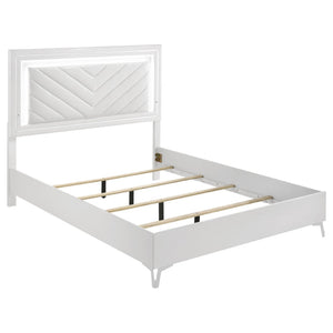 English Elm Buckley Queen Bedroom Set with LED Headboard Gloss White Faux Leather Tufted Style B062S01947