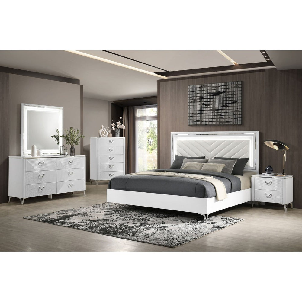 English Elm Buckley Eastern King Bedroom Set White Gloss Finish with LED Tufted Headboard B062S01949