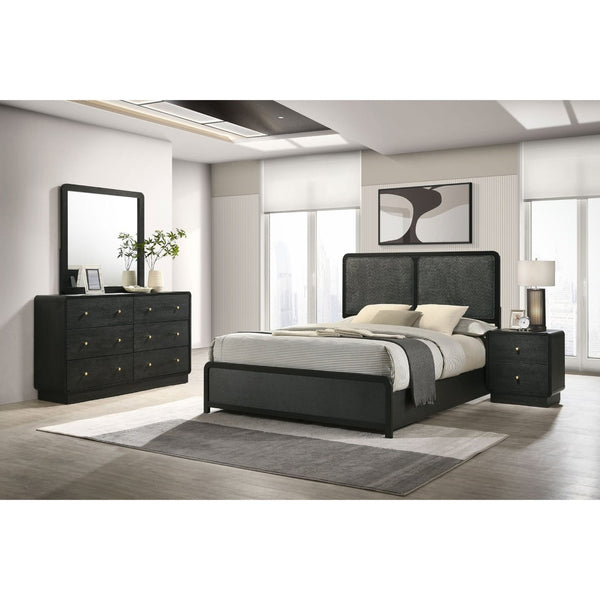 English Elm Burton Queen Bedroom Set with Chenille Headboard Brass Hardware and Burnished Black Finish B062S01954