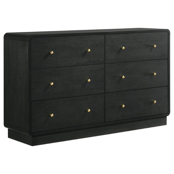 English Elm Burton Queen Bedroom Set with Chenille Headboard Brass Hardware and Burnished Black Finish B062S01954