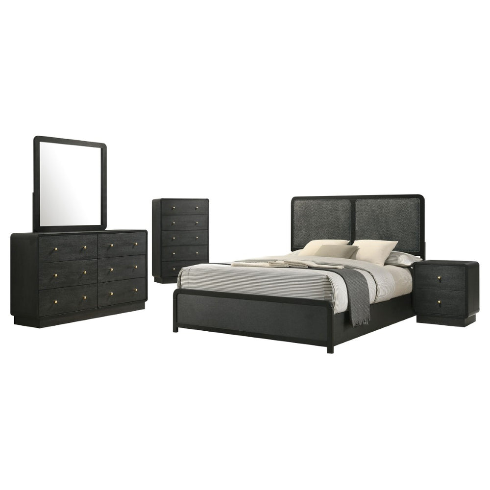 English Elm Burton Queen Bedroom Set Chenille Headboard Brass Hardware Dark Contemporary Suite B062S01955
