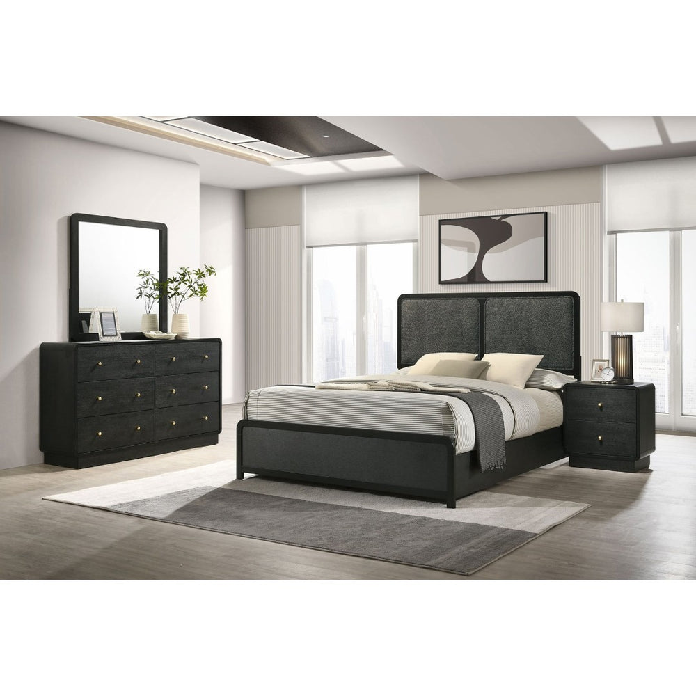 English Elm Burton Burnished Black Chenille Upholstered King Bedroom Set with Brass Hardware B062S01956