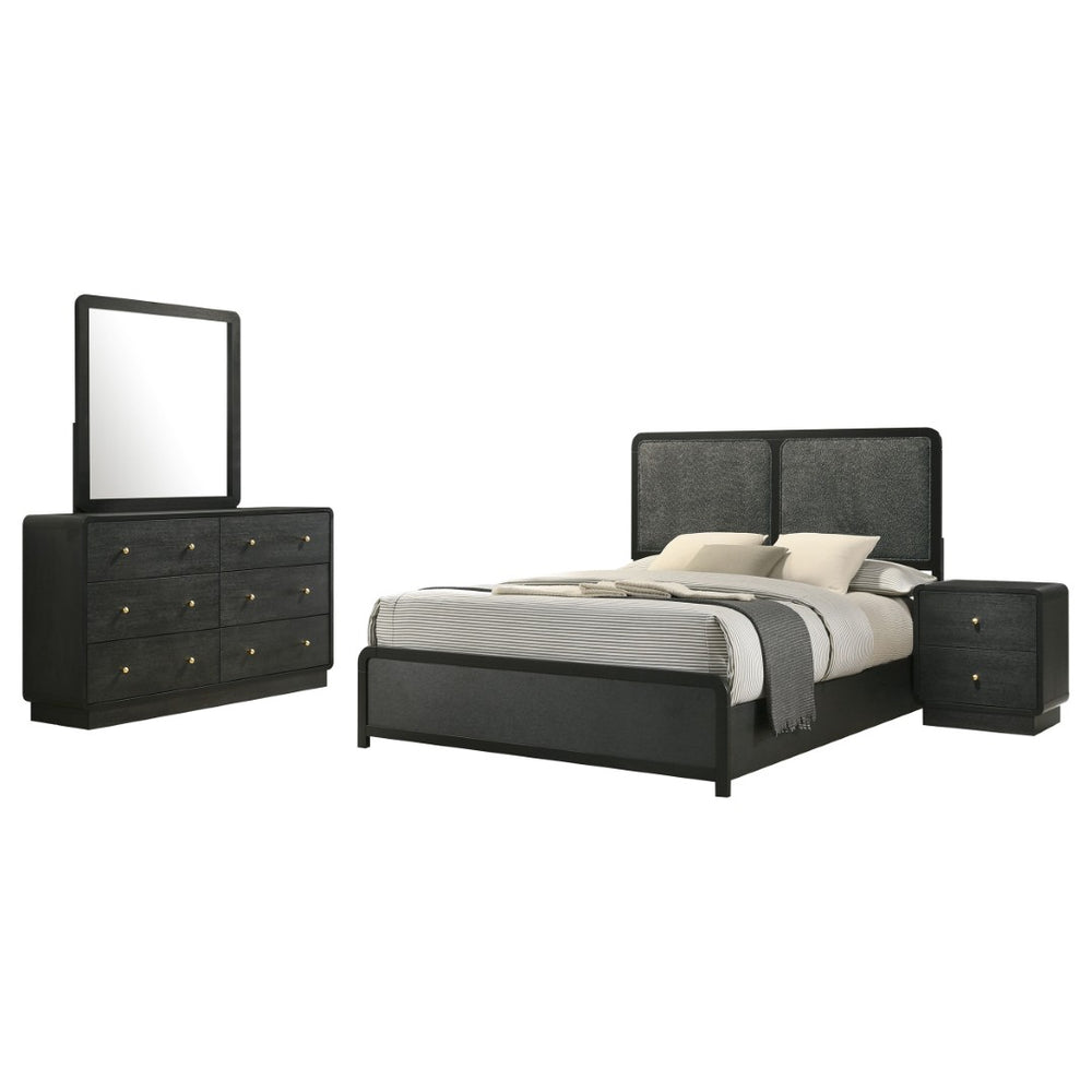 English Elm Burton Burnished Black Chenille Upholstered King Bedroom Set with Brass Hardware B062S01956
