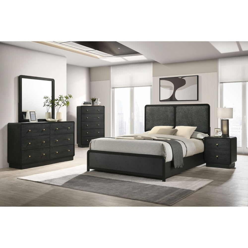 English Elm Burton Eastern King Bedroom Set Chenille Headboard Brass Hardware Dark Finish B062S01957