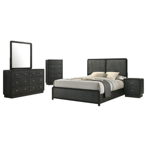 English Elm Burton Eastern King Bedroom Set Chenille Headboard Brass Hardware Dark Finish B062S01957