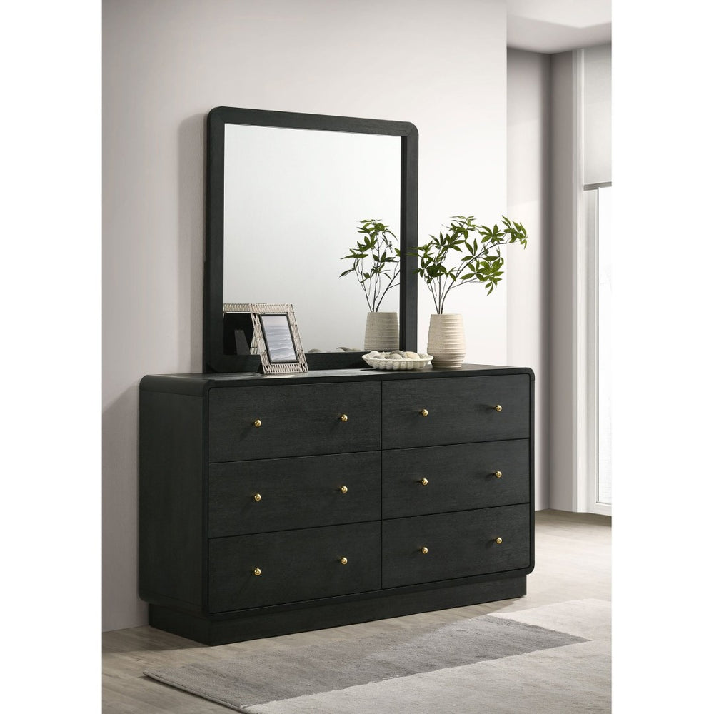 English Elm Burton Matte Black Six Drawer Dresser with Framed Mirror and Brass Knob Accents B062S01958