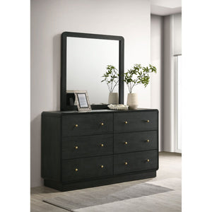 English Elm Burton Matte Black Six Drawer Dresser with Framed Mirror and Brass Knob Accents B062S01958