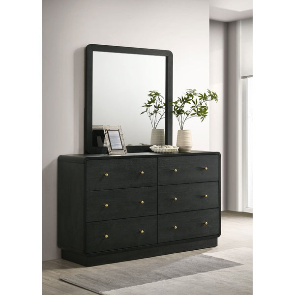 English Elm Burton Matte Black Six Drawer Dresser with Framed Mirror and Brass Knob Accents B062S01958