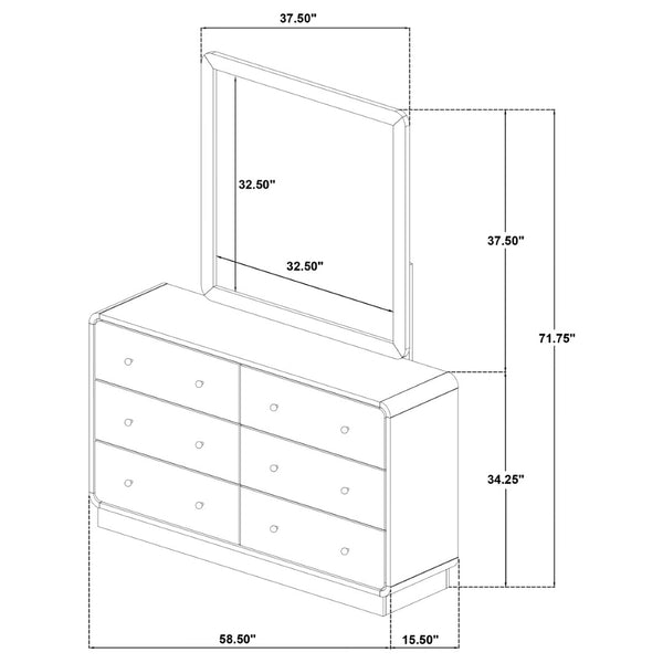 English Elm Burton Matte Black Six Drawer Dresser with Framed Mirror and Brass Knob Accents B062S01958