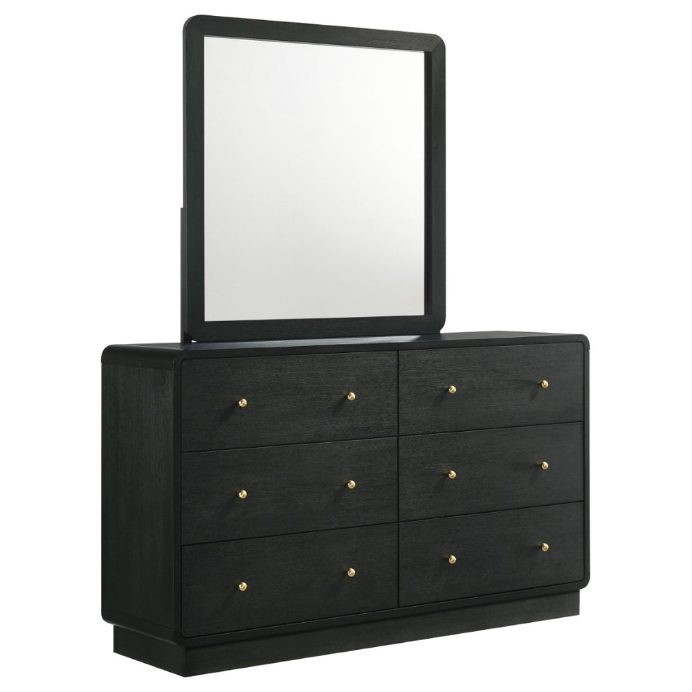 English Elm Burton Matte Black Six Drawer Dresser with Framed Mirror and Brass Knob Accents B062S01958