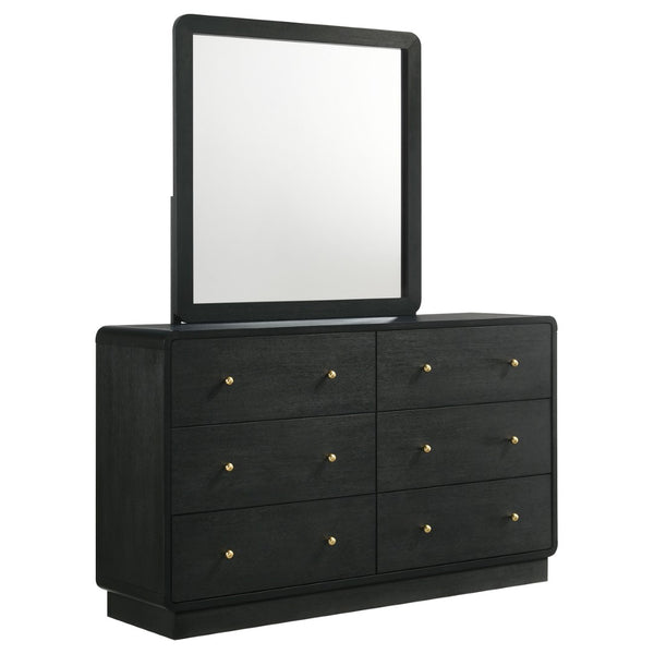 English Elm Burton Matte Black Six Drawer Dresser with Framed Mirror and Brass Knob Accents B062S01958