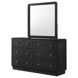 English Elm Burton Matte Black Six Drawer Dresser with Framed Mirror and Brass Knob Accents B062S01958