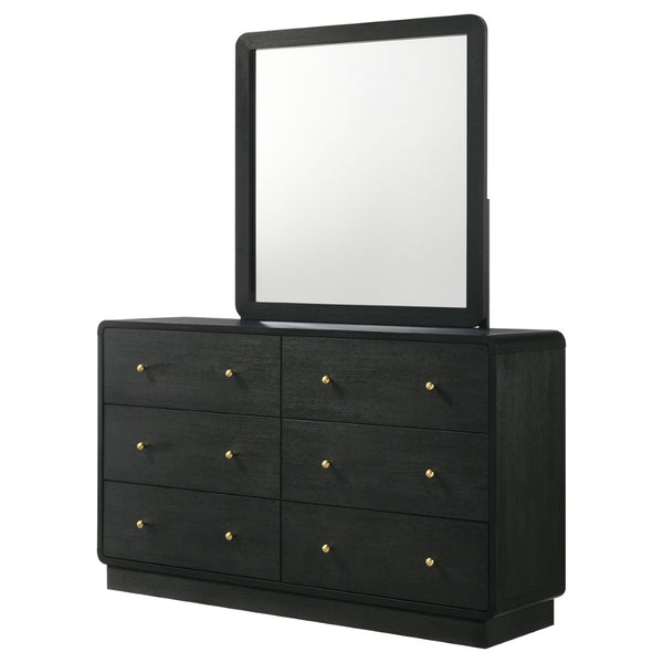 English Elm Burton Matte Black Six Drawer Dresser with Framed Mirror and Brass Knob Accents B062S01958