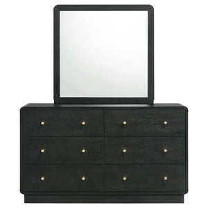 English Elm Burton Matte Black Six Drawer Dresser with Framed Mirror and Brass Knob Accents B062S01958