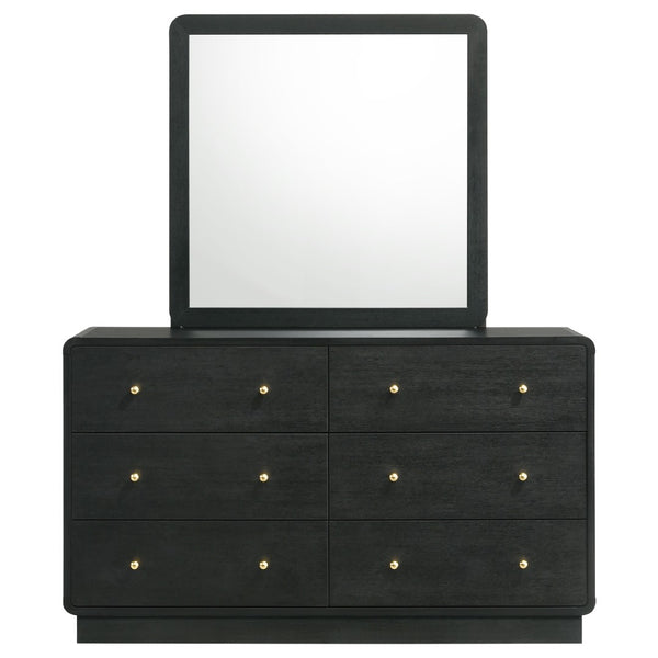 English Elm Burton Matte Black Six Drawer Dresser with Framed Mirror and Brass Knob Accents B062S01958