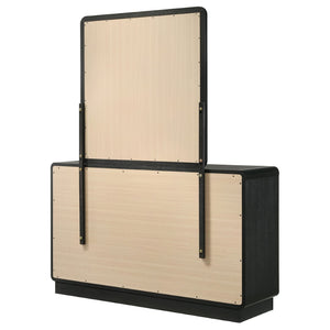 English Elm Burton Matte Black Six Drawer Dresser with Framed Mirror and Brass Knob Accents B062S01958