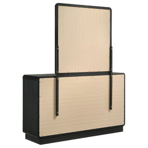 English Elm Burton Matte Black Six Drawer Dresser with Framed Mirror and Brass Knob Accents B062S01958