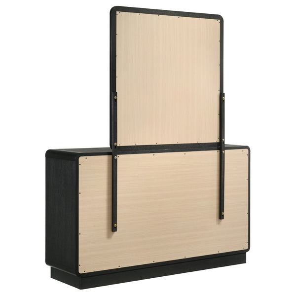English Elm Burton Matte Black Six Drawer Dresser with Framed Mirror and Brass Knob Accents B062S01958