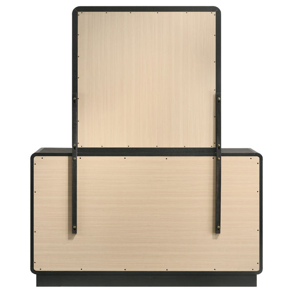 English Elm Burton Matte Black Six Drawer Dresser with Framed Mirror and Brass Knob Accents B062S01958