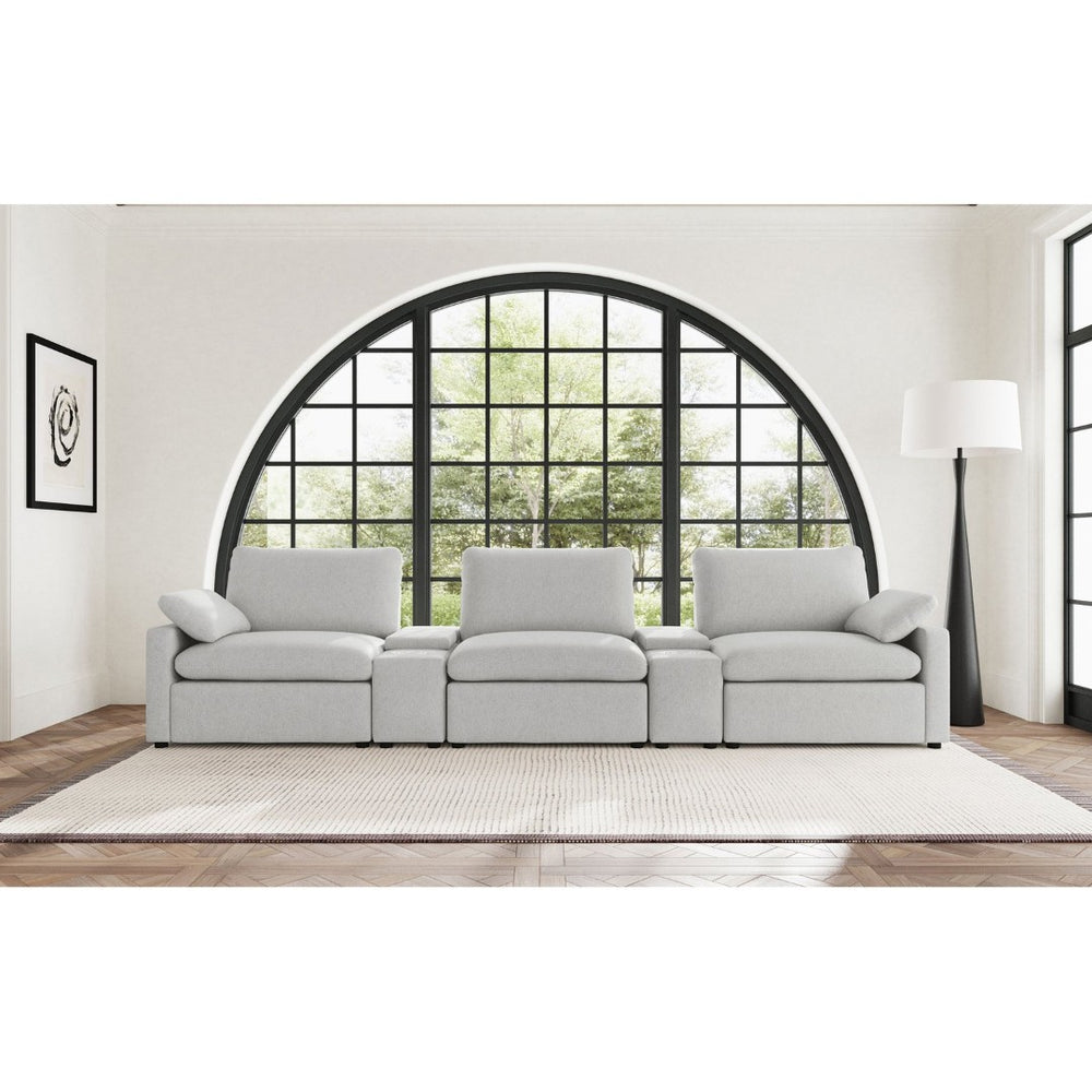 English Elm Hollander Power Reclining Home Theater Set with Storage Consoles in Grey Polyester B062S01963