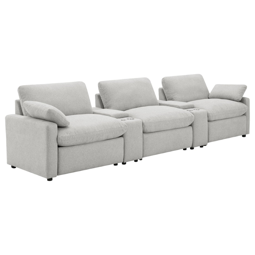 English Elm Hollander Power Reclining Home Theater Set with Storage Consoles in Grey Polyester B062S01963