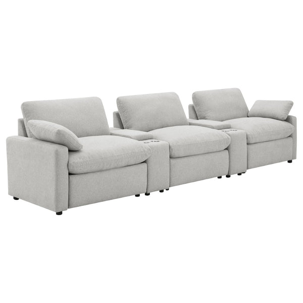 English Elm Hollander Power Reclining Home Theater Set with Storage Consoles in Grey Polyester B062S01963