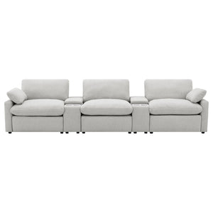 English Elm Hollander Power Reclining Home Theater Set with Storage Consoles in Grey Polyester B062S01963