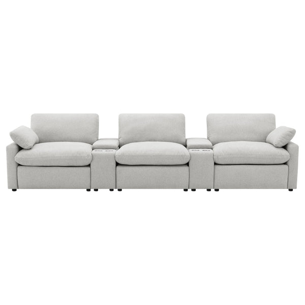 English Elm Hollander Power Reclining Home Theater Set with Storage Consoles in Grey Polyester B062S01963