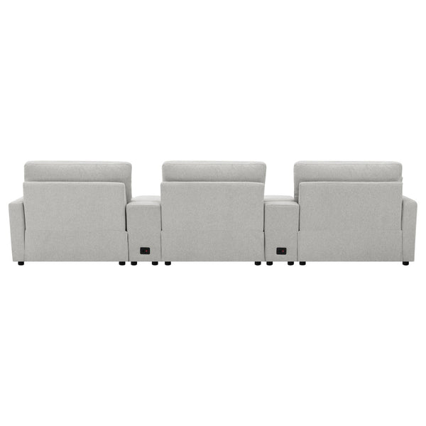 English Elm Hollander Power Reclining Home Theater Set with Storage Consoles in Grey Polyester B062S01963
